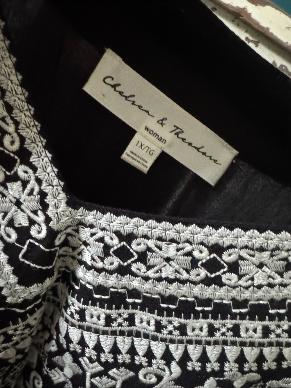 Chelsea & Theodore Black Embroidered V-Neck Peasant Top - White Stitching - Picture 4 of 8
